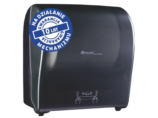 Mechaniczny podajnik ręczników papierowych w rolach MERIDA SOLID CUT AUTOMATIC MAXI, tworzywo ABS, front transparentny ciemny - mat, tył pełen ciemny - mat